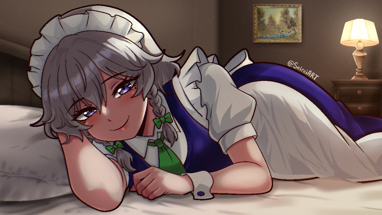 seireiart, izayoi sakuya, touhou, 1girl, apron, bed, bedroom, braid, breasts, green necktie, green ribbon, grey hair, hair between eyes, lamp, looking at viewer, lying, maid apron, maid headdress, medium breasts, medium hair, necktie, on side, purple eyes, ribbon, sidelocks, smile, solo, twin braids, twitter username, wrist cuffs