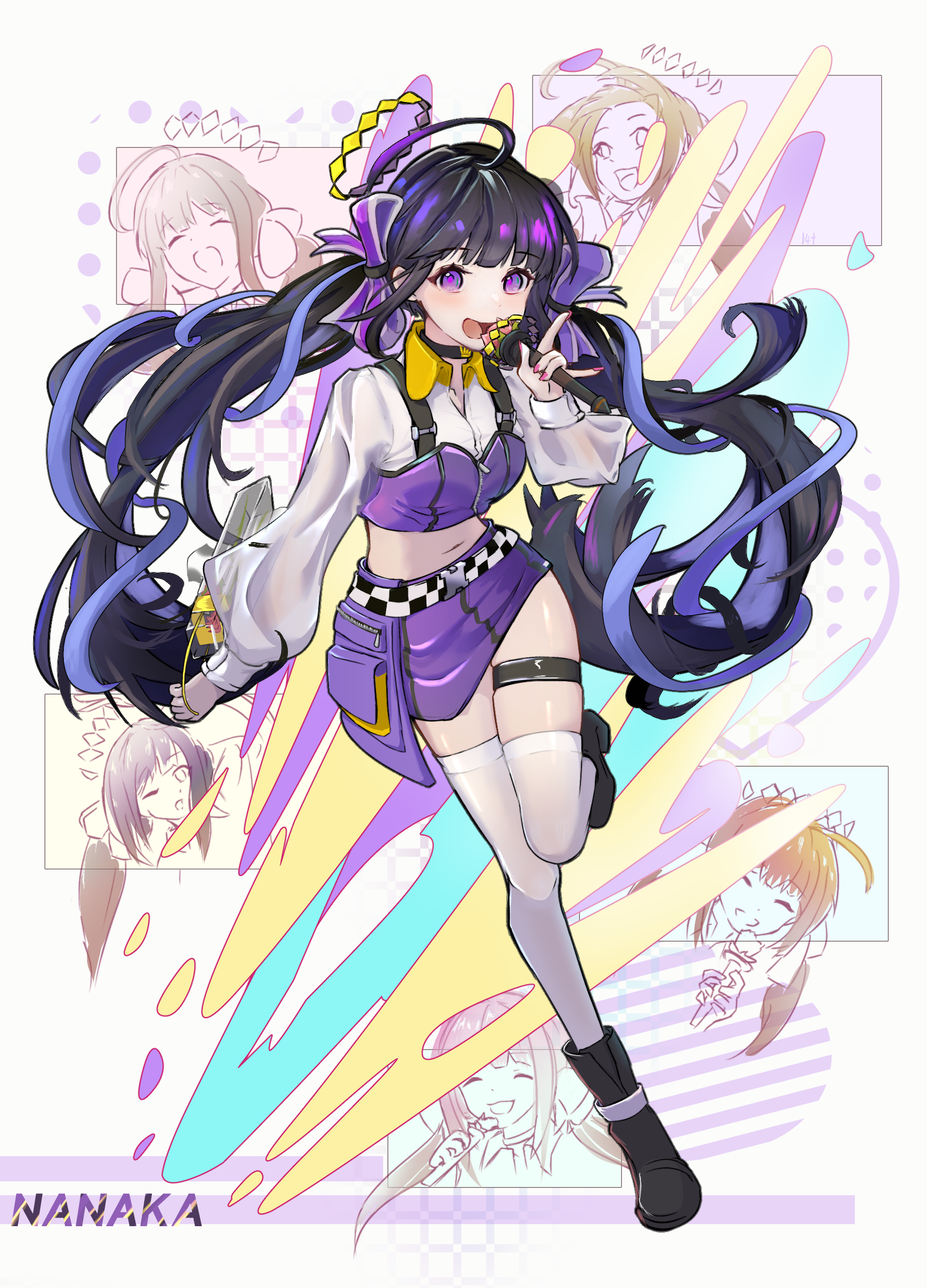 lotan, nanaka (iris-colored holiday) (neural cloud), nanaka (neural cloud), girls' frontline, girls' frontline neural cloud, absurdres, chinese commentary, commentary, commentary request, english commentary, highres, mixed-language commentary, 1girl, abstract background, ahoge, black boots, black hair, blue hair, blush, boots, bow, character name, collared shirt, full body, gold halo, hair bow, halo, holding, holding microphone, looking at viewer, microphone, midriff, multicolored hair, multiple views, navel, official alternate costume, open mouth, purple bow, purple eyes, purple skirt, red nails, red pupils, shirt, skirt, smile, streaked hair, thigh strap, thighhighs, two-tone hair, white background, white shirt, white thighhighs