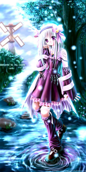 ashuriel, original, 1girl, detached sleeves, dress, female focus, hair ribbon, hairband, kneehighs, purple eyes, ribbon, socks, solo, white hair, windmill
