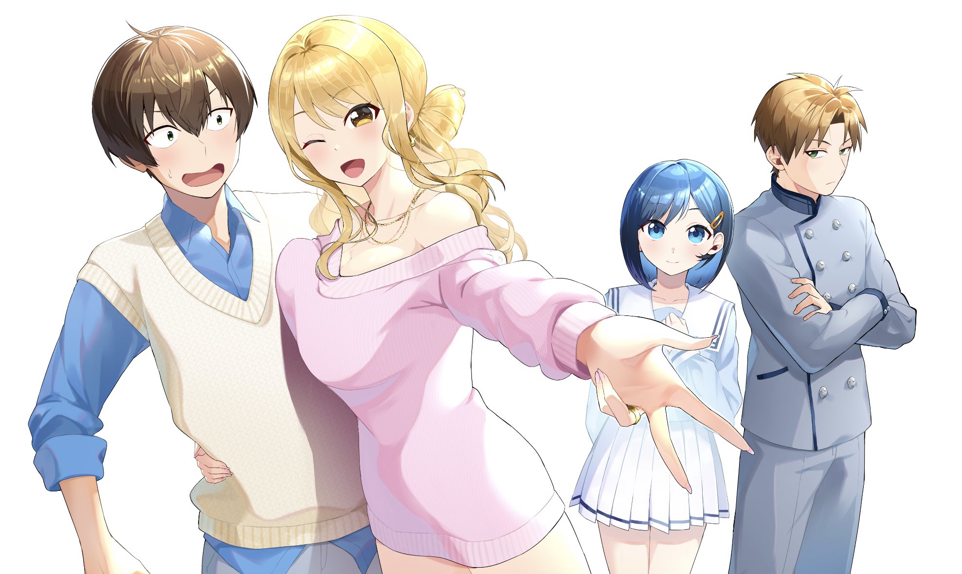 hidariude, character request, copyright request, hashtag-only commentary, highres, variant set, 2boys, 2girls, arm at side, blonde hair, blue eyes, blue hair, blue shirt, breast press, breasts, brown hair, buttons, closed mouth, collarbone, collared shirt, cowboy shot, crossed arms, double-breasted, earrings, fake nails, gakuran, grey jacket, grey pants, hair ornament, hairclip, hug, jacket, jewelry, large breasts, long hair, long sleeves, medium hair, miniskirt, multiple boys, multiple girls, necklace, nervous, no pants, off-shoulder sweater, off shoulder, one eye closed, open mouth, outstretched arm, pants, parted bangs, pink sweater, pleated skirt, ribbed sweater, sailor collar, school uniform, serafuku, shirt, short hair, simple background, skirt, sleeves rolled up, smile, standing, surprised, sweatdrop, sweater, sweater vest, swept bangs, v-neck, v-shaped eyebrows, very short hair, w, wavy hair, white background, white sailor collar, white serafuku, white shirt, white skirt, wide-eyed, wing collar, yellow eyes, yellow sweater vest