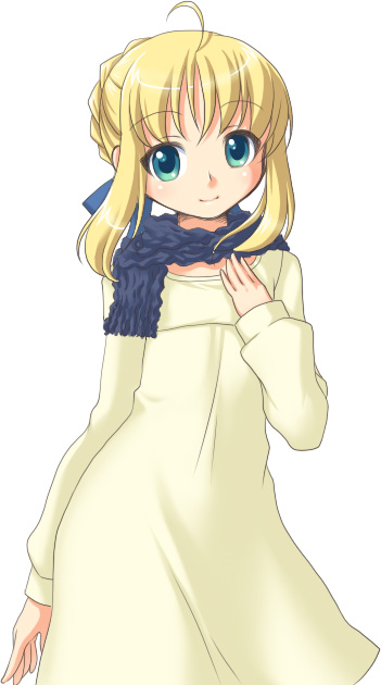 manjiduka, artoria pendragon (fate), saber (fate), fate/stay night, fate (series), 00s, 1girl, ahoge, alternate costume, blonde hair, blue scarf, dress, female focus, green eyes, looking at viewer, scarf, simple background, solo, white background