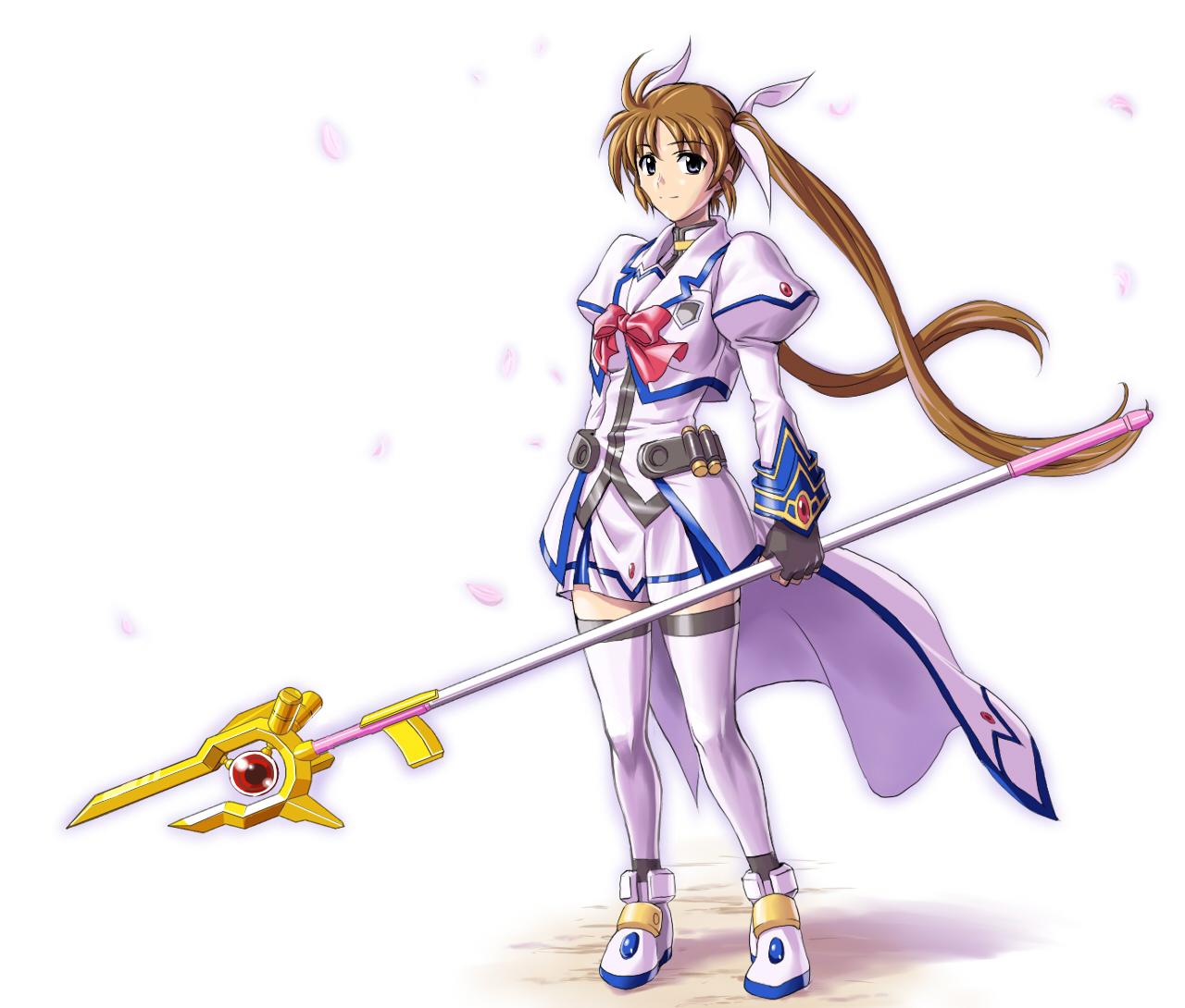 g-tetsu, raising heart, raising heart (buster mode), takamachi nanoha, takamachi nanoha (aggressor mode), lyrical nanoha, mahou shoujo lyrical nanoha, mahou shoujo lyrical nanoha strikers, uniform, 00s, 1girl, brown hair, female focus, gloves, miniskirt, purple eyes, skirt, solo, thighhighs, twintails, zettai ryouiki