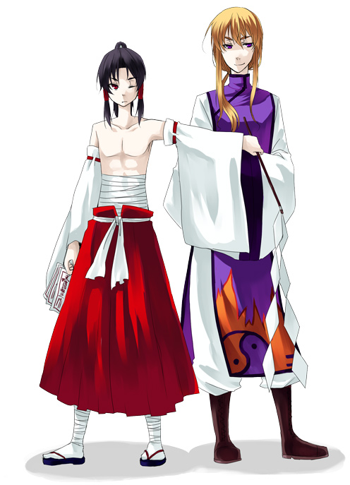 tadano kagekichi, hakurei reimu, yakumo yukari, touhou, 2boys, black hair, blonde hair, boots, detached sleeves, genderswap, genderswap (ftm), gohei, long hair, male focus, midriff sarashi, multiple boys, ofuda, ponytail, sandals, sarashi, sash, shide, tabard, topless male, trap, yin yang, zouri