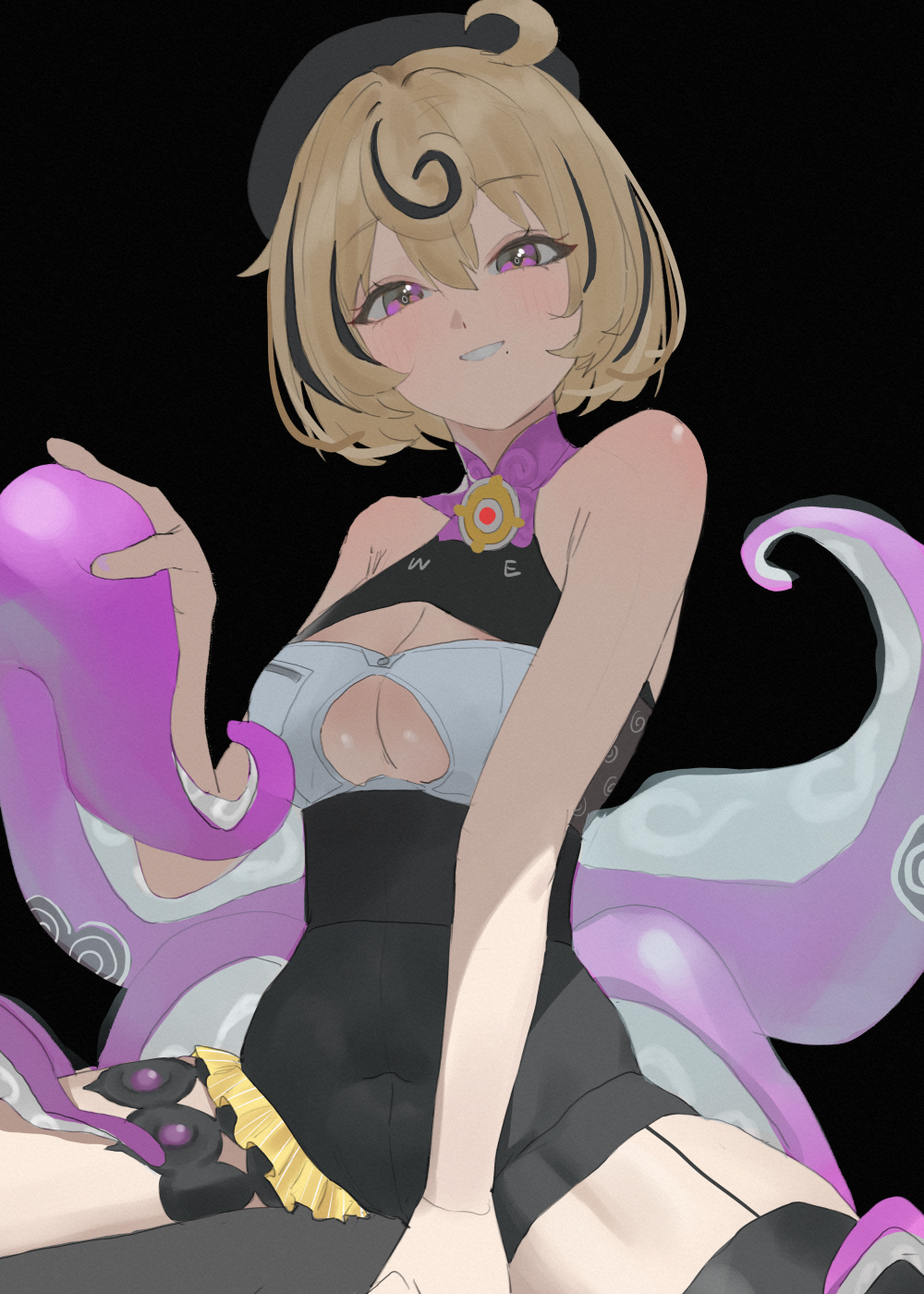 denare (ysry2252), yidhari (zenless zone zero), zenless zone zero, highres, asymmetrical shorts, black background, blonde hair, bra, cleavage cutout, clothing cutout, hat, looking at viewer, octopus, purple eyes, short hair, smile, spread legs, sticker, tentacle tail, tentacles, underwear, white bra