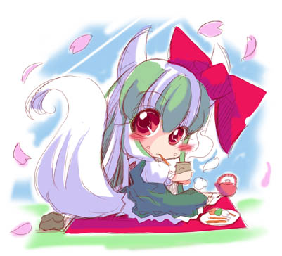 usoneko, ex-keine, kamishirasawa keine, touhou, lowres, 1girl, chibi, female focus, full body, horn ornament, horn ribbon, horns, outdoors, plant, ribbon, sitting, sky, solo