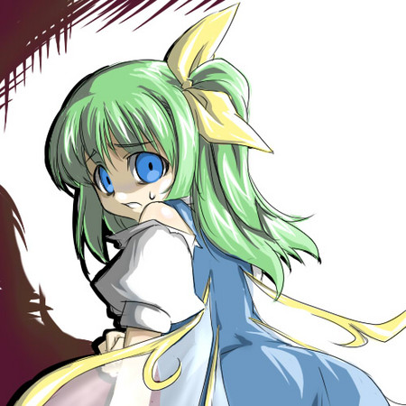 tajima yuuki, daiyousei, embodiment of scarlet devil, touhou, lowres, 1girl, blue eyes, bow, female focus, green hair, hair bow, solo, torn clothes, wings