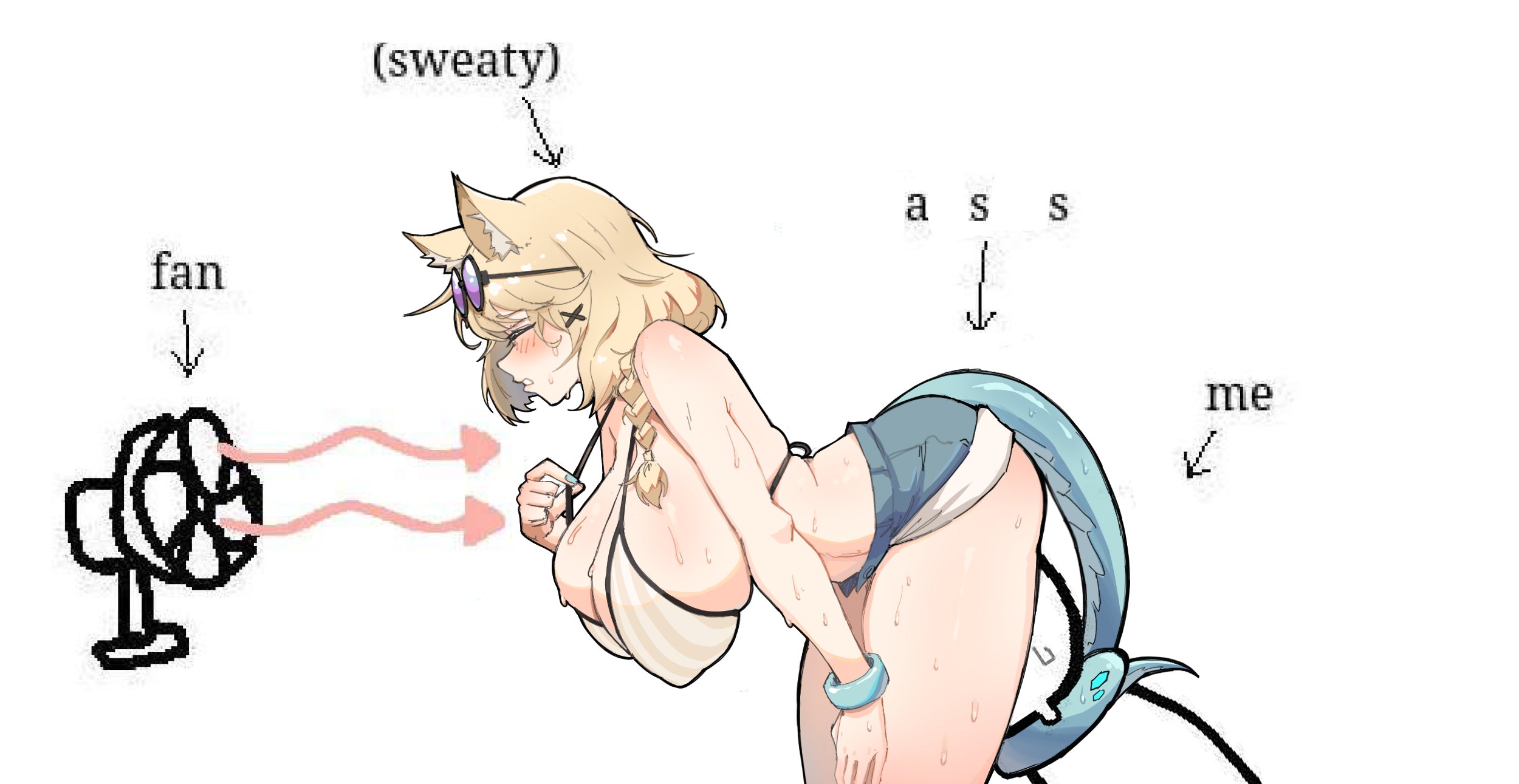 radioneet, utage (arknights), utage (summer flowers) (arknights), arknights, highres, 1boy, 1girl, animal ear fluff, animal ears, blonde hair, blue shorts, blue tail, blush, braid, breasts, cleavage, closed eyes, eyewear on head, large breasts, purple-tinted eyewear, short shorts, shorts, sweat, tinted eyewear, white background