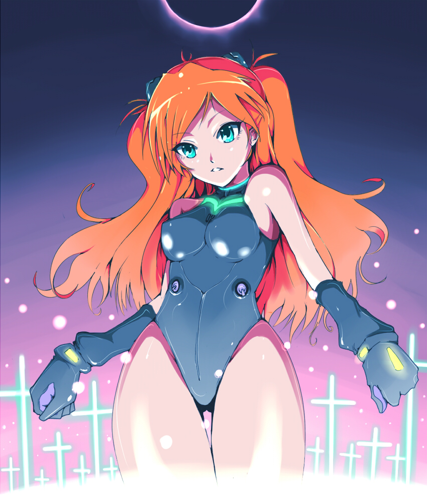 kasai shin, souryuu asuka langley, neon genesis evangelion, 1girl, alternate costume, aqua eyes, bare shoulders, blue eyes, clenched hands, cowboy shot, cross, elbow gloves, female focus, gloves, glowing, hair ornament, halterneck, leotard, light particles, long hair, looking at viewer, mecha pilot suit, neon trim, orange hair, parted bangs, parted lips, plugsuit (evangelion), red hair, solo, thigh gap, thighs, turtleneck, wavy hair