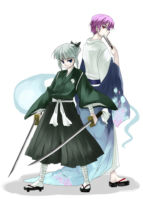 tadano kagekichi, konpaku youmu, konpaku youmu (ghost), saigyouji yuyuko, touhou, silver hair, 2boys, bandages, dual wielding, folded fan, folding fan, genderswap, genderswap (ftm), geta, ghost, hand fan, hitodama, holding, japanese clothes, katana, multiple boys, okobo, pink hair, platform sandals, sandals, sash, sword, weapon