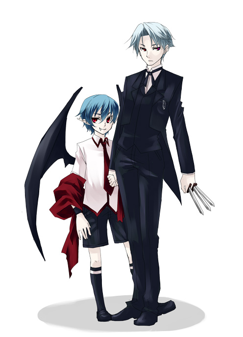 tadano kagekichi, izayoi sakuya, remilia scarlet, touhou, silver hair, 2boys, bat wings, between fingers, blue hair, butler, fangs, formal clothes, genderswap, genderswap (ftm), holding, knife, male focus, multiple boys, necktie, red eyes, shorts, socks, suit, vampire, wings