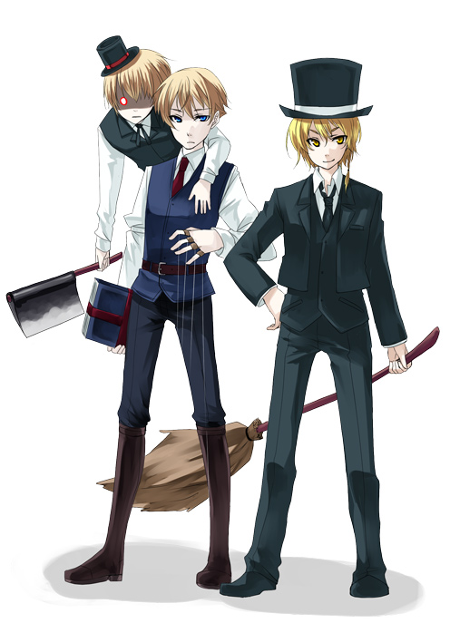 tadano kagekichi, alice margatroid, kirisame marisa, touhou, 3boys, belt, blonde hair, book, braid, broom, doll, genderswap, genderswap (ftm), hat, hatchet, jacket, male focus, multiple boys, nata (tool), necktie, string, top hat, vest