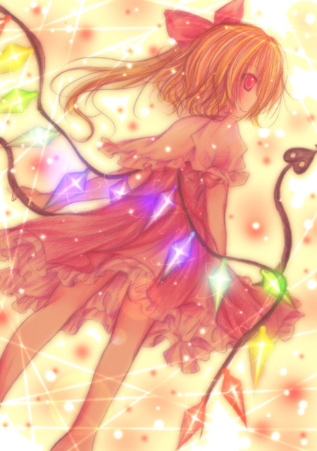 kasuga sunao, flandre scarlet, touhou, 1girl, blonde hair, blush, crystal, demon wings, dutch angle, female focus, from behind, from below, glowing, looking to the side, red eyes, short hair, solo, standing, vampire, wings