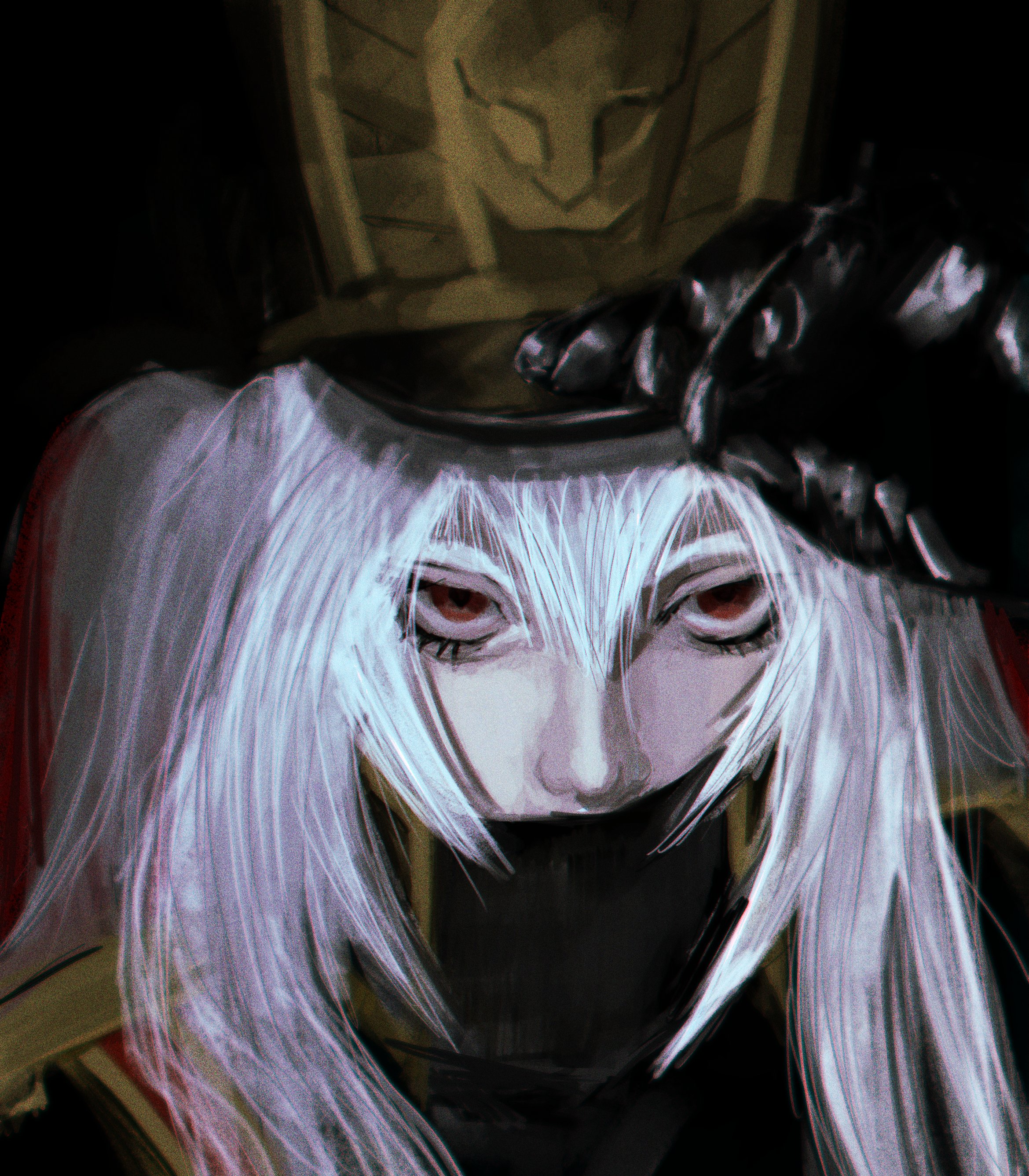 altair (re:creators), re:creators, absurdres, hashtag-only commentary, highres, photo-referenced, 1girl, black gloves, black jacket, expressionless, gloves, gold trim, hair between eyes, hamtsue, hat, high collar, jacket, long bangs, long sidelocks, looking at viewer, nose, realistic, red eyes, shako cap, sidelocks, solo, twintails, white hair