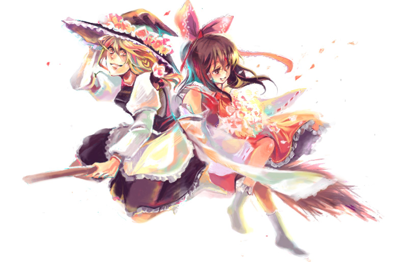 cis (carcharias), hakurei reimu, kirisame marisa, touhou, 2girls, apron, back-to-back, blonde hair, broom, broom riding, brown eyes, brown hair, female focus, long sleeves, looking at viewer, multiple girls, multiple riders, ribbon-trimmed sleeves, ribbon trim, short hair, sidesaddle, simple background, sitting, waist apron, white background, wrist cuffs
