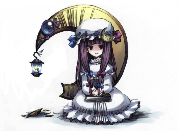 onimaru gonpei, patchouli knowledge, touhou, 1girl, blunt bangs, book, crescent moon, female focus, hat, lantern, moon, purple hair, sitting, smile, solo, white background