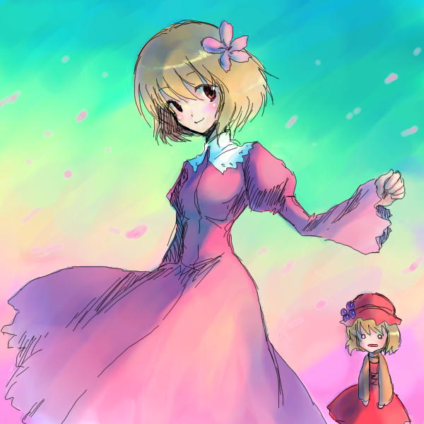 onimaru gonpei, aki minoriko, aki shizuha, touhou, 2girls, female focus, multiple girls, rainbow background, siblings, sisters