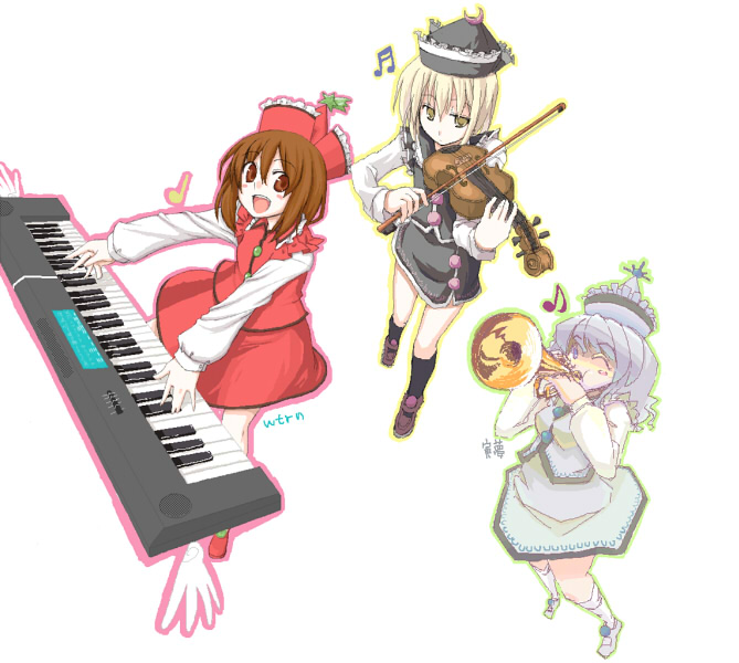 mochiki, lunasa prismriver, lyrica prismriver, merlin prismriver, touhou, 3girls, female focus, instrument, keyboard, keyboard (instrument), multiple girls, siblings, sisters, trumpet, violin