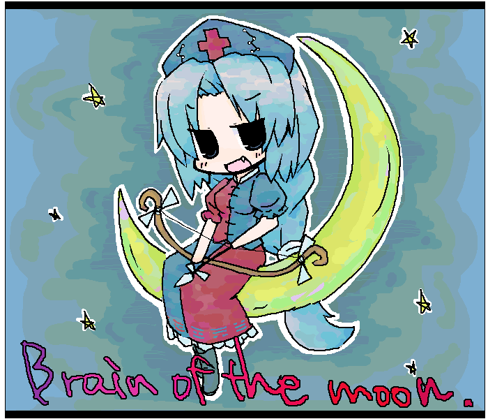luu, yagokoro eirin, touhou, 1girl, bow (weapon), chibi, fang, female focus, full body, moon, sky, solo, weapon