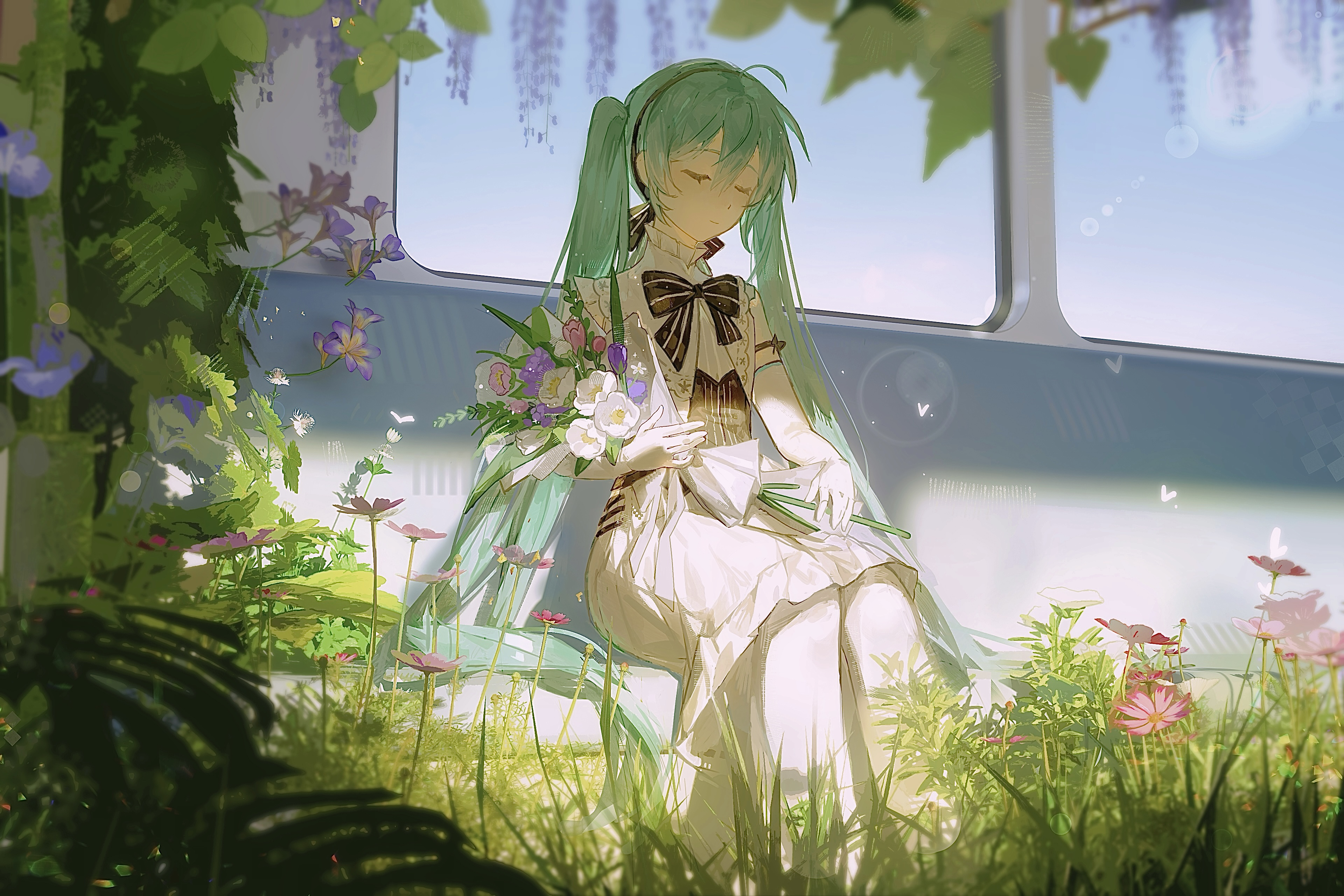 hatsune miku, miku symphony (vocaloid), vocaloid, absurdres, flower request, highres, plant request, 1girl, absurdly long hair, aqua hair, black dress, black hairband, black ribbon, blue sky, blurry, bokeh, bouquet, bud, bug, butterfly, choppy bangs, clear sky, closed eyes, closed mouth, cosmos (flower), day, depth of field, dot nose, dress, elbow gloves, embroidered dress, embroidery, facing viewer, feet out of frame, flower, gloves, grass, hair between eyes, hair flowing over, hairband, high collar, holding, holding bouquet, insect, leaf, light particles, light smile, long hair, medium dress, moss, neck ribbon, overgrown, pink flower, plant, purple flower, ribbon, shade, sidelocks, simple butterfly, sitting, sky, solo, striped ribbon, succulent plant, sunlight, thighhighs, train interior, turtleneck capelet, twintails, two-tone dress, user gdnr8884, vegetation, very long hair, white butterfly, white dress, white flower, white gloves, white thighhighs, wisteria
