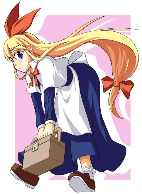 est (kinkyuu kaihi), shanghai doll, touhou, 1girl, apron, bent over, blonde hair, blue eyes, box, capelet, carrying, dress, female focus, hair ribbon, long dress, long hair, low-tied long hair, ribbon, shoes, socks, solo, waist apron