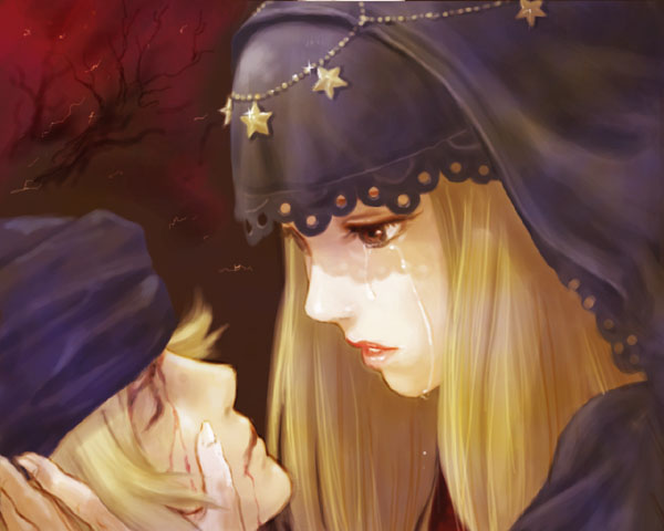 edih, hi-ed, ingway (odin sphere), velvet (odin sphere), odin sphere, 1boy, 1girl, blonde hair, blood, brown eyes, long hair, tears