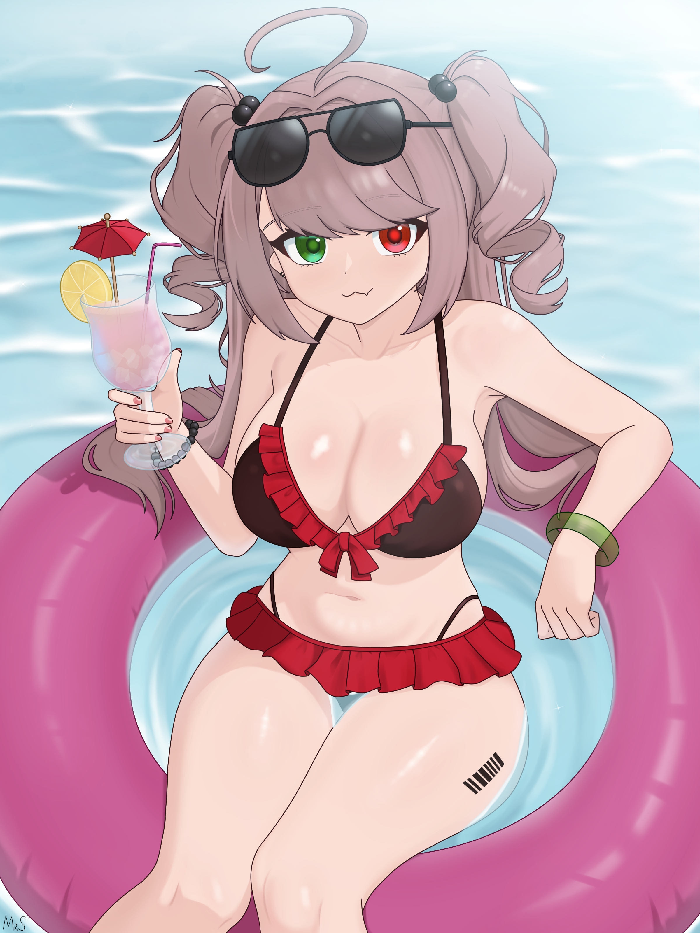 mr.something, ssg3000 (girls' frontline), girls' frontline, absurdres, highres, 1girl, :3, ahoge, alternate costume, barcode, barcode tattoo, bikini, breasts, cowboy shot, cup, drinking glass, eyewear on head, fang, frilled bikini, frills, green eyes, hair ornament, heterochromia, holding, holding cup, innertube, red eyes, signature, skin fang, solo, sunglasses, swim ring, swimsuit, tattoo, two side up, water, wine glass