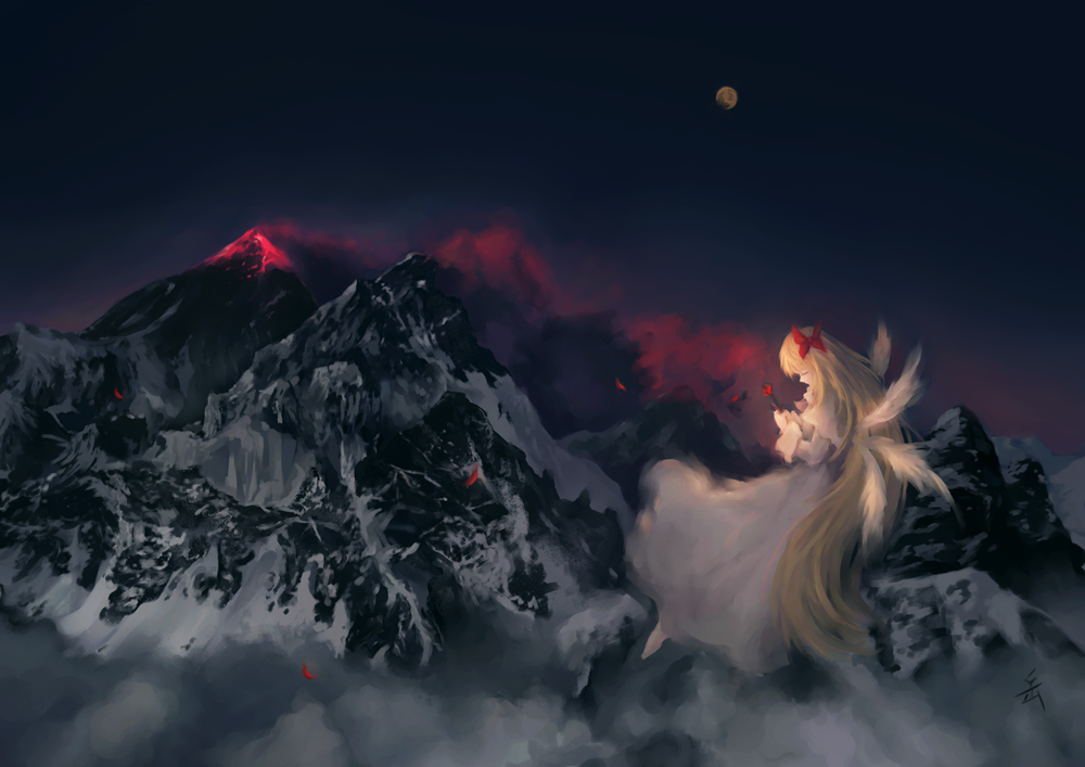 archlich, lily white, touhou, bad id, bad pixiv id, 1girl, blonde hair, female focus, long hair, moon, mountain, nature, night, scenery, snow, solo, volcano, wings