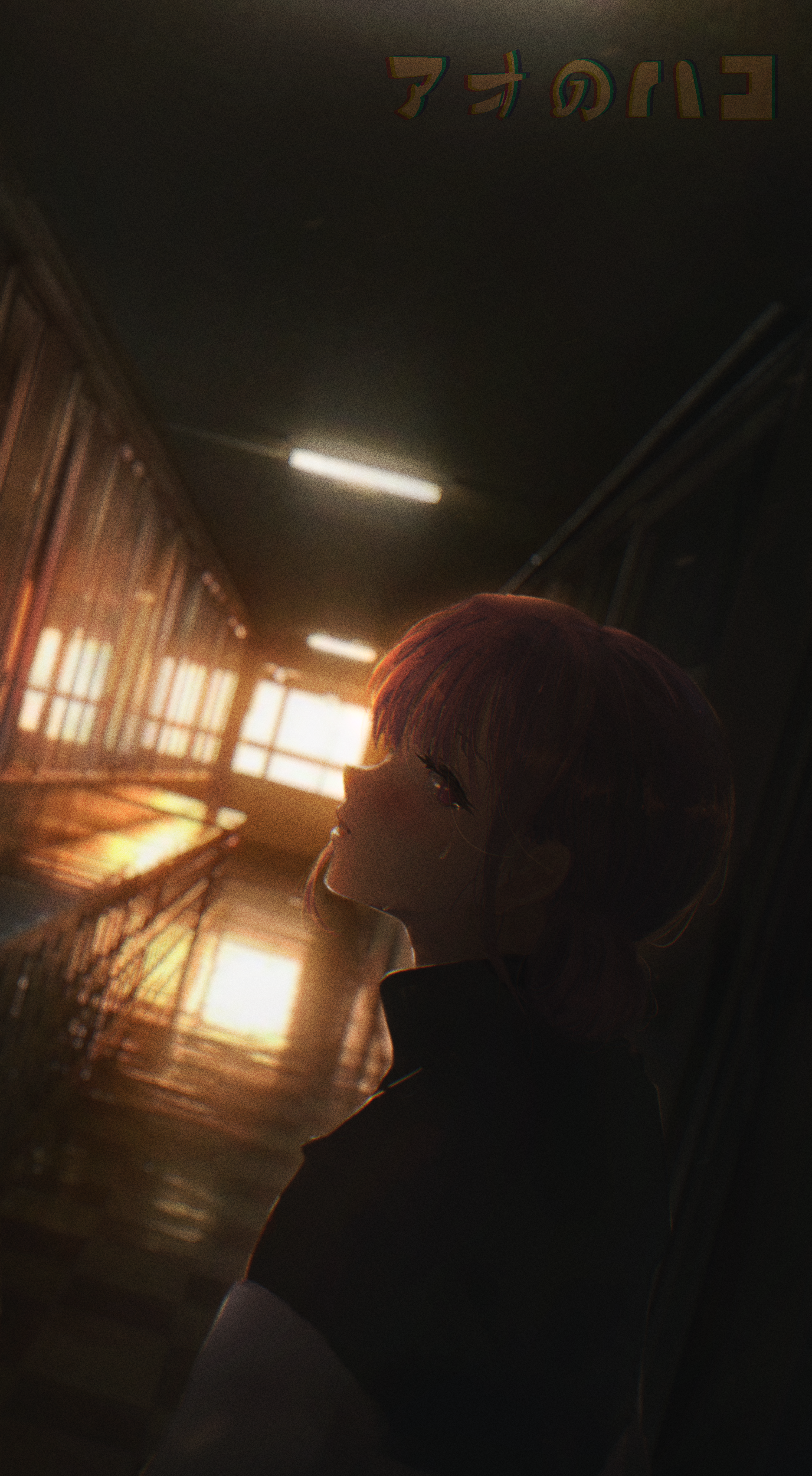 gerar dc, chouno hina, ao no hako, absurdres, highres, 1girl, closed mouth, crying, crying with eyes open, dark, facing to the side, hallway, jacket, looking at viewer, overhead lights, pink hair, red eyes, reflective floor, solo, sunlight, tears, track jacket, window