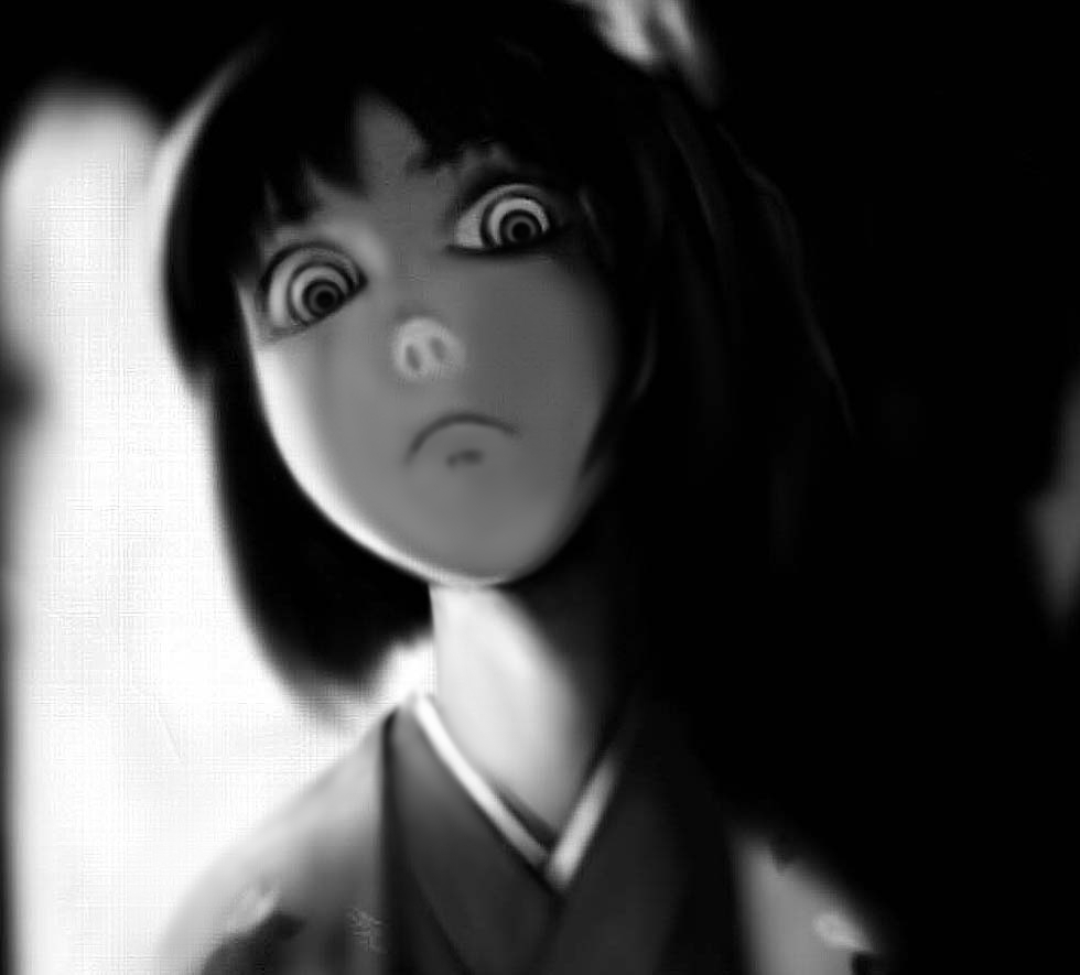 futon (kitsune tsuki), kitsune tsuki, hieda no akyuu, perfect memento in strict sense, touhou, 1girl, creepy, female focus, greyscale, heida no akyuu, horror (theme), japanese clothes, monochrome, solo, staring
