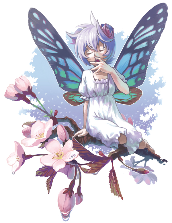 yukihiko, original, butterfly wings, fairy, flower, insect wings, purple hair, solo, wings, yawning