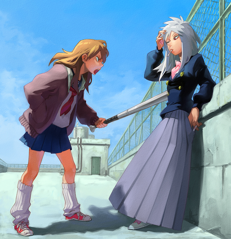 shizuka, yukihiko, akagi shigeru, akagi, akagi: yami ni oritatta tensai, fukumoto mahjong, saikyou densetsu kurosawa, bad id, bad pixiv id, 2girls, baseball bat, brown hair, delinquent, genderswap, genderswap (mtf), grey hair, gyaru, hand in pocket, kogal, long hair, long skirt, loose socks, multiple girls, retro artstyle, rooftop, school uniform, serafuku, skirt, socks, sukeban