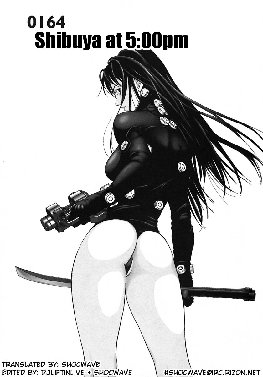 oku hiroya, shimohira reika, gantz, hard-translated, highres, third-party edit, 00s, ass, black hair, breasts, english text, greyscale, gun, large breasts, long hair, monochrome, panties, simple background, solo, sword, thong, underwear, weapon, white background