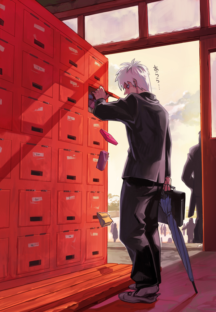 yukihiko, akagi shigeru, akagi, akagi: yami ni oritatta tensai, fukumoto mahjong, 1boy, gakuran, locker, male focus, school uniform, serafuku, solo, valentine, white hair