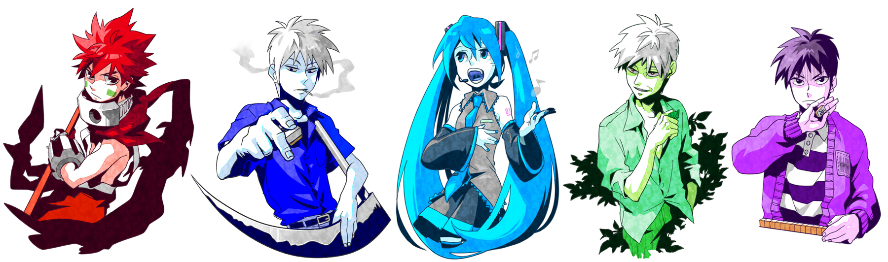 yukihiko, akagi shigeru, hatsune miku, nataku, akagi, akagi: yami ni oritatta tensai, fukumoto mahjong, houshin engi, ten (manga), vocaloid, bad id, bad pixiv id, highres, long image, traditional media, wide image, 1990s (style), 1girl, 4boys, aqua hair, crossover, multiple boys, retro artstyle