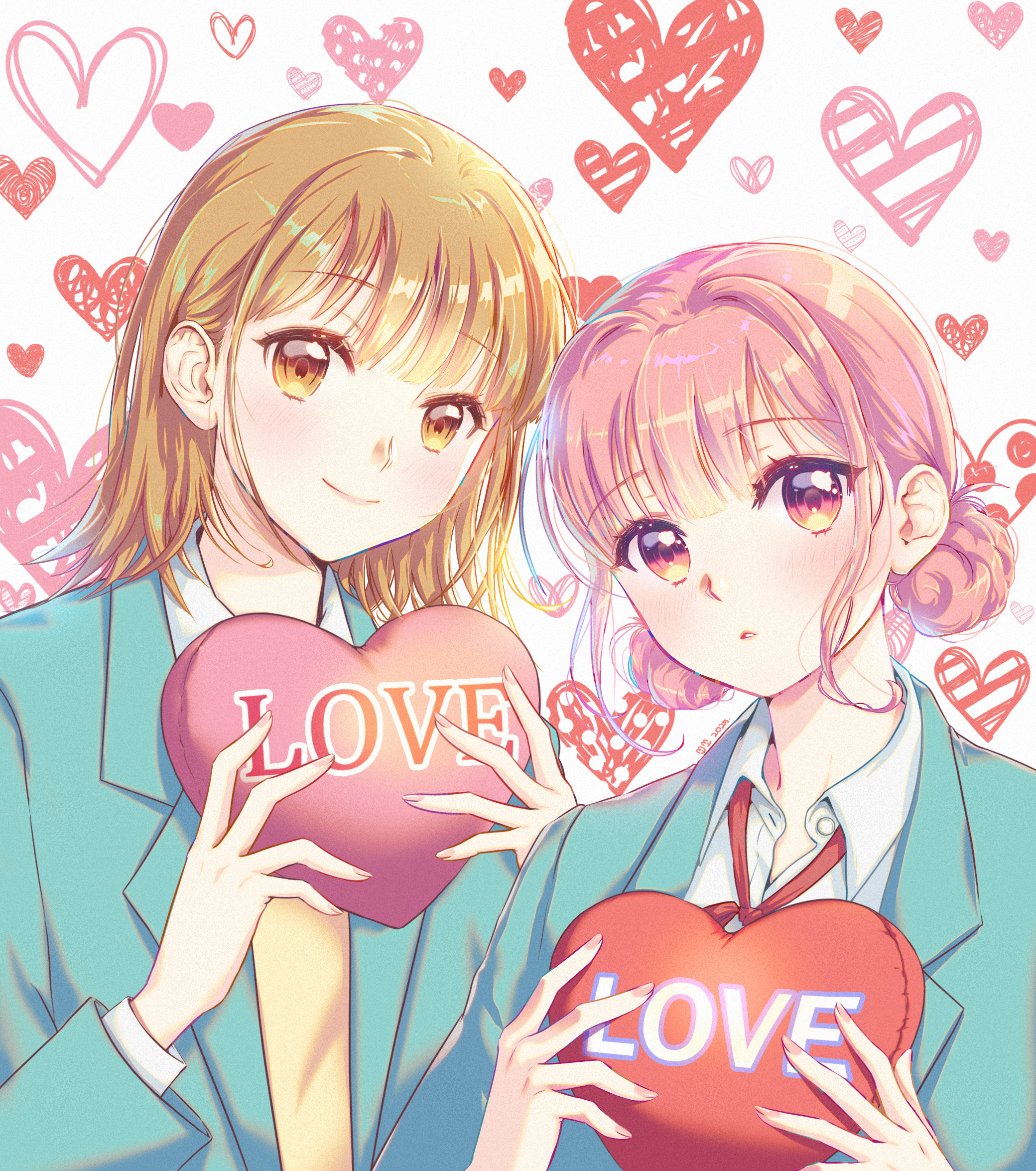 ssosso, chouno hina, kano chinatsu, ao no hako, highres, 2girls, blue jacket, bow, brown hair, cardigan, closed mouth, heart, heart-shaped pillow, holding, holding pillow, jacket, long sleeves, looking at viewer, medium hair, multiple girls, open clothes, open collar, open jacket, pillow, pink hair, red bow, red eyes, school uniform, smile, yellow eyes