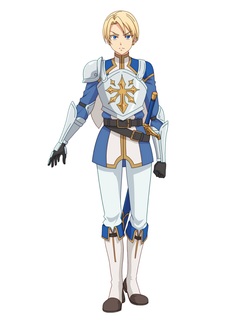 satou youko, official art, 1boy, anime coloring, arm armor, armor, belt, black gloves, blonde hair, blue eyes, boots, breastplate, closed mouth, collared jacket, elbow pads, full body, gloves, grey belt, holding, holding sword, holding weapon, jacket, looking at viewer, male focus, mikata ga yowasugite hojo mahou ni tesshiteita kyuutei mahoushi tsuihou sarete saikyou wo mezashimasu, multicolored jacket, open hand, outstretched arm, pants, regulus galdana, scabbard, sheath, sheathed, short hair, shoulder armor, simple background, solo, standing, sword, tachi-e, tsurime, two-tone jacket, v-shaped eyebrows, weapon, white background, white boots, white jacket, white pants