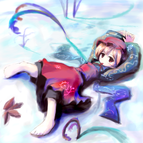 tsubasa (abchipika), aki minoriko, touhou, lowres, 1girl, arms up, barefoot, blonde hair, feet, female focus, hat, leaf, looking at viewer, lying, oekaki, red eyes, short hair, solo
