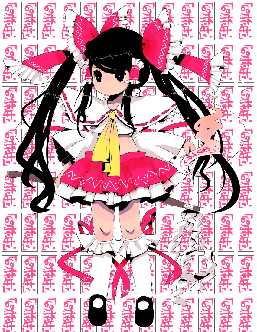 ichihaya, hakurei reimu, touhou, 1girl, ascot, bow, brown eyes, brown hair, detached sleeves, female focus, full body, hair bow, kneehighs, long hair, long sleeves, ofuda, red bow, red skirt, ribbon-trimmed sleeves, ribbon trim, skirt, socks, solo, standing, twintails, very long hair, white socks
