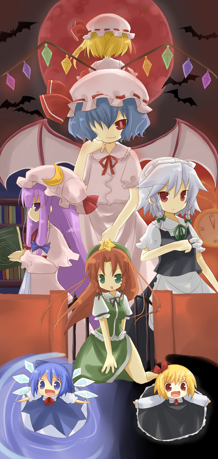 yuzuki (yuduame), cirno, flandre scarlet, hong meiling, izayoi sakuya, patchouli knowledge, remilia scarlet, rumia, embodiment of scarlet devil, touhou, bad id, bad pixiv id, highres, 6+girls, bat (animal), between fingers, blonde hair, braid, dagger, female focus, full moon, hand on own chin, hat, holding, knife, long hair, mob cap, moon, multiple girls, red eyes, red moon, very long hair, weapon, wings