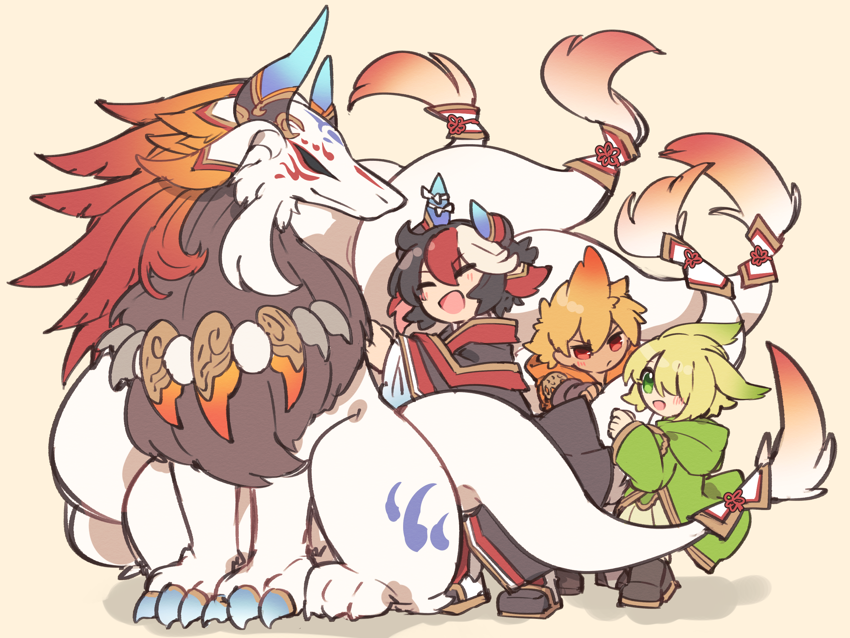 kuuron (moesann17), alpha (p&d), puzzle & dragons, highres, 3boys, :d, animal ears, black hair, blonde hair, blush, closed eyes, green eyes, green hoodie, hat, hood, hoodie, horns, multicolored hair, multiple boys, omega (p&d), open mouth, red eyes, red hair, red hoodie, smile, suou (p&d), white hair