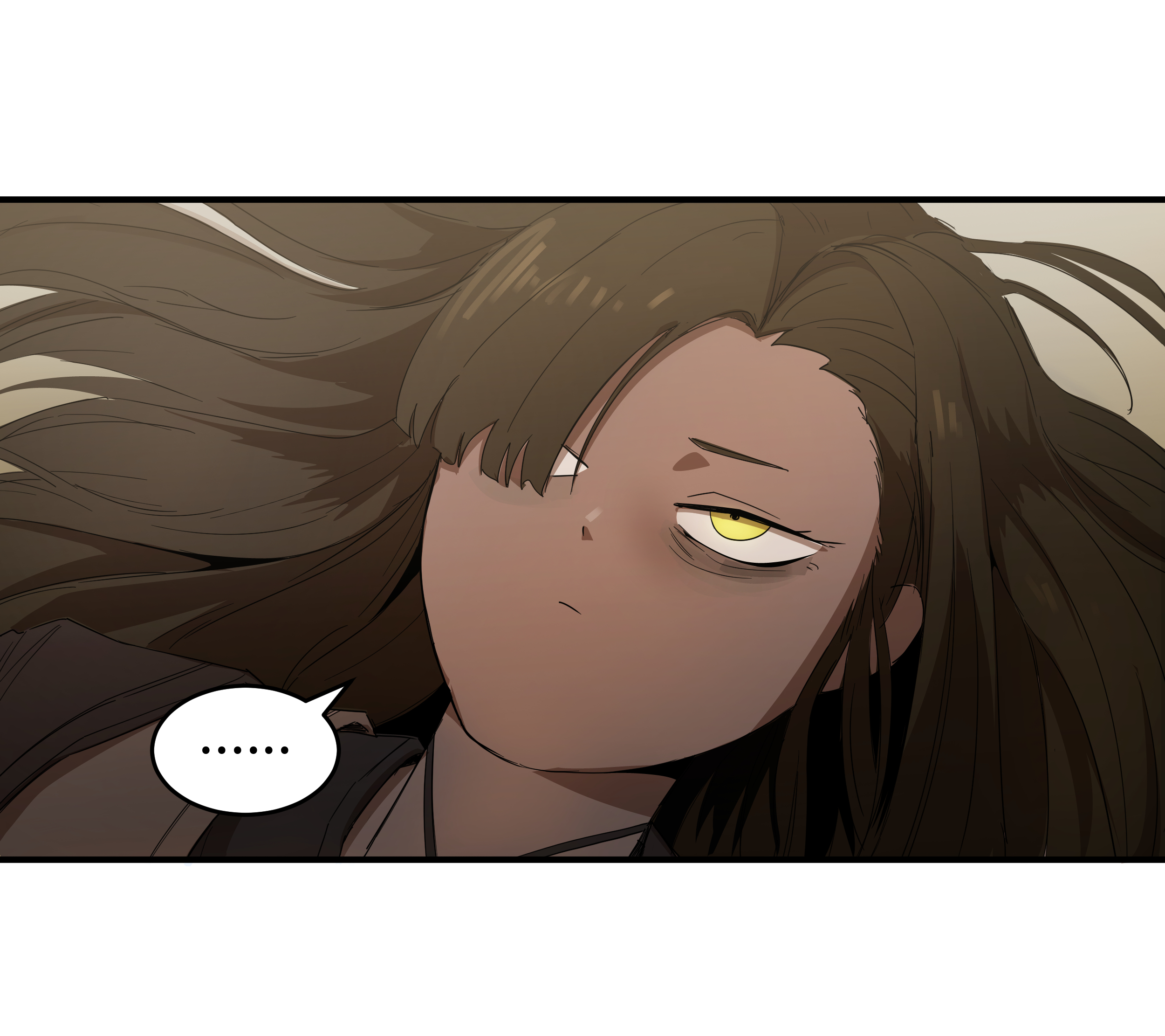 exadcr95, zilu (project moon), limbus company, project moon, highres, …, 1girl, bags under eyes, black hair, chinese clothes, close-up, dark skin, exhausted, hair over one eye, long hair, lying, solo, speech bubble, yellow eyes