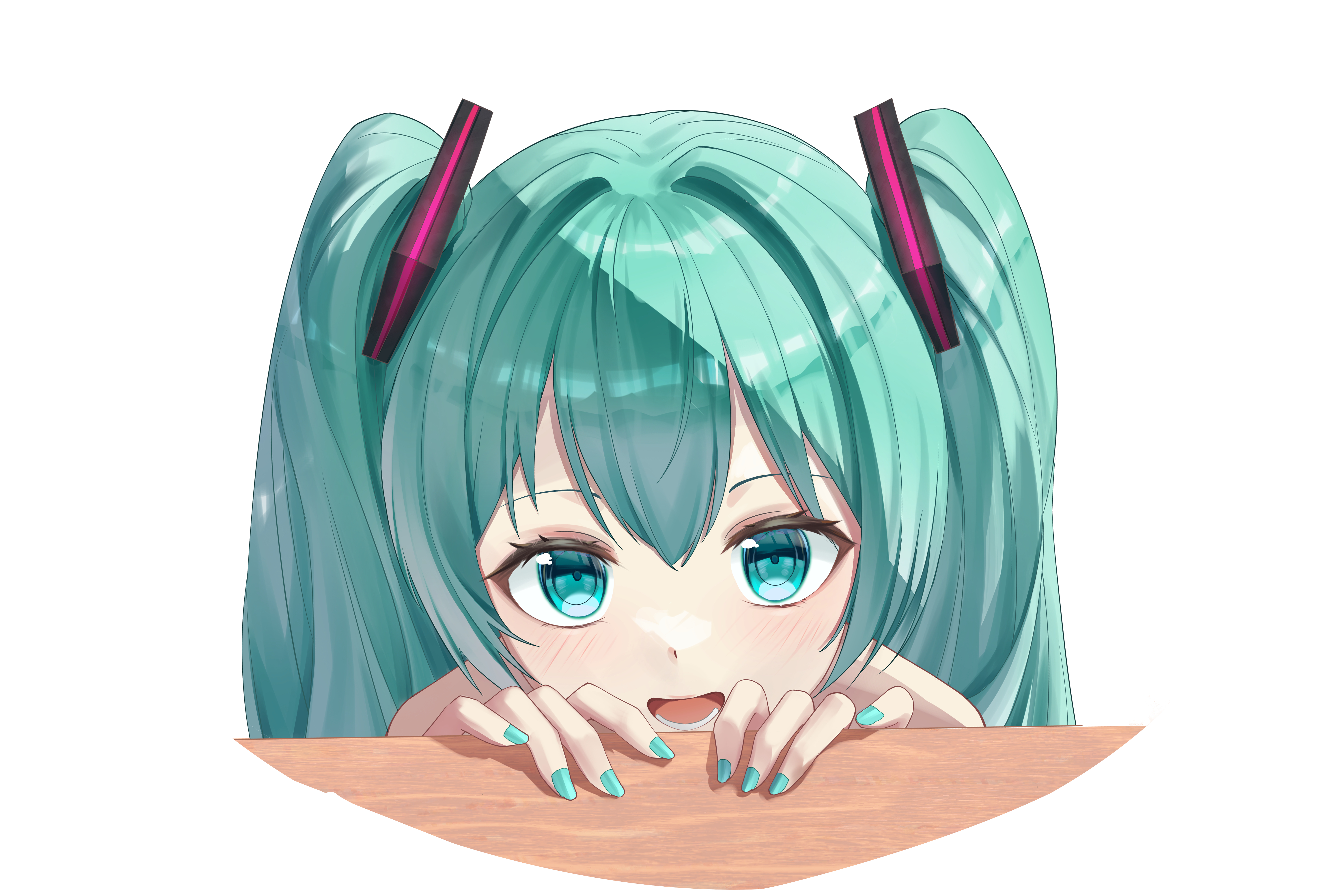 hatsune miku, vocaloid, absurdres, commentary, highres, 1girl, :d, blush, green eyes, green hair, green nails, long hair, looking at viewer, moboireach, nail polish, open mouth, portrait, simple background, smile, solo, star (symbol), twintails, white background