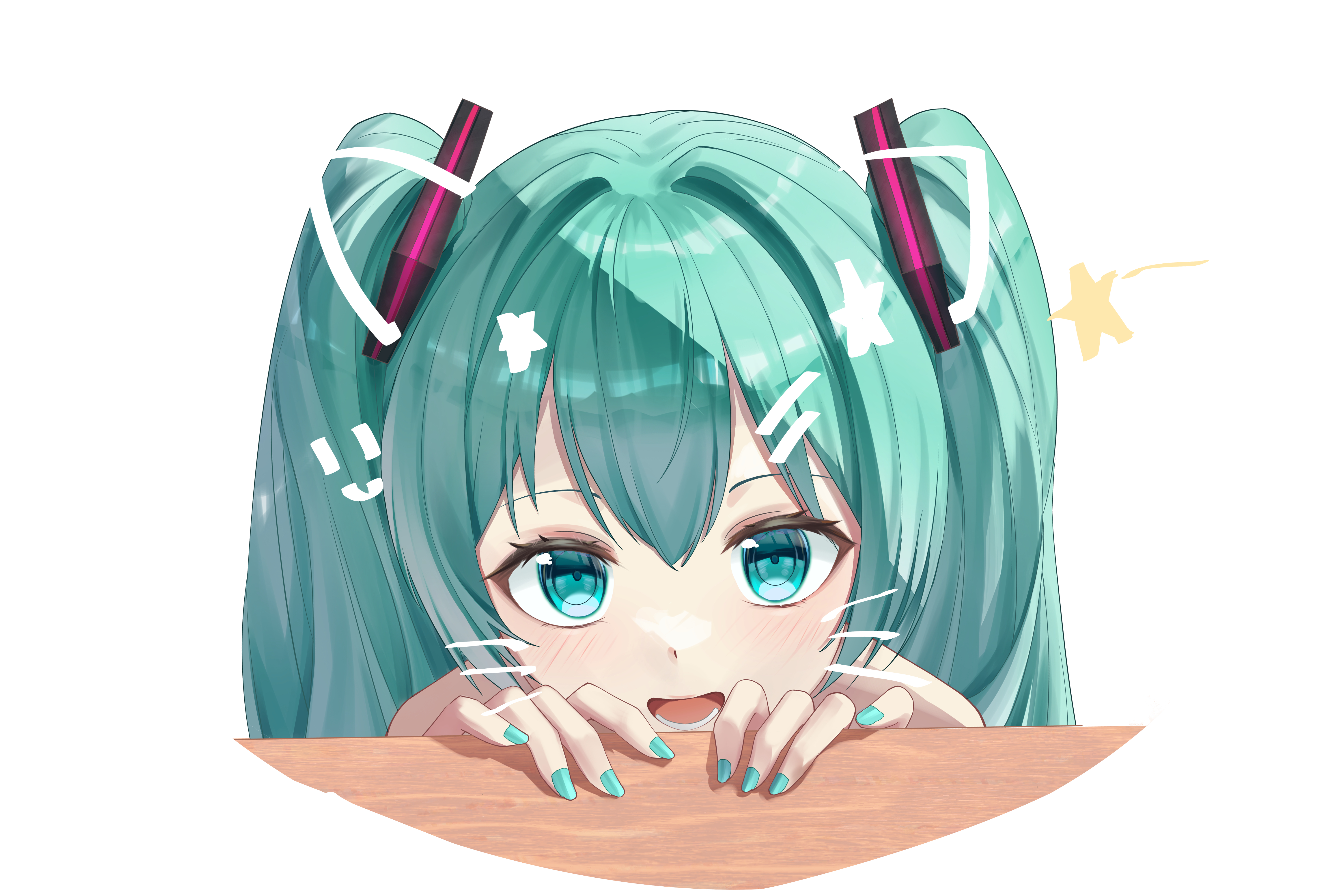 hatsune miku, vocaloid, absurdres, commentary, highres, 1girl, :d, blush, drawn ears, drawn whiskers, green eyes, green hair, green nails, long hair, looking at viewer, moboireach, nail polish, open mouth, portrait, simple background, smile, solo, star (symbol), twintails, white background