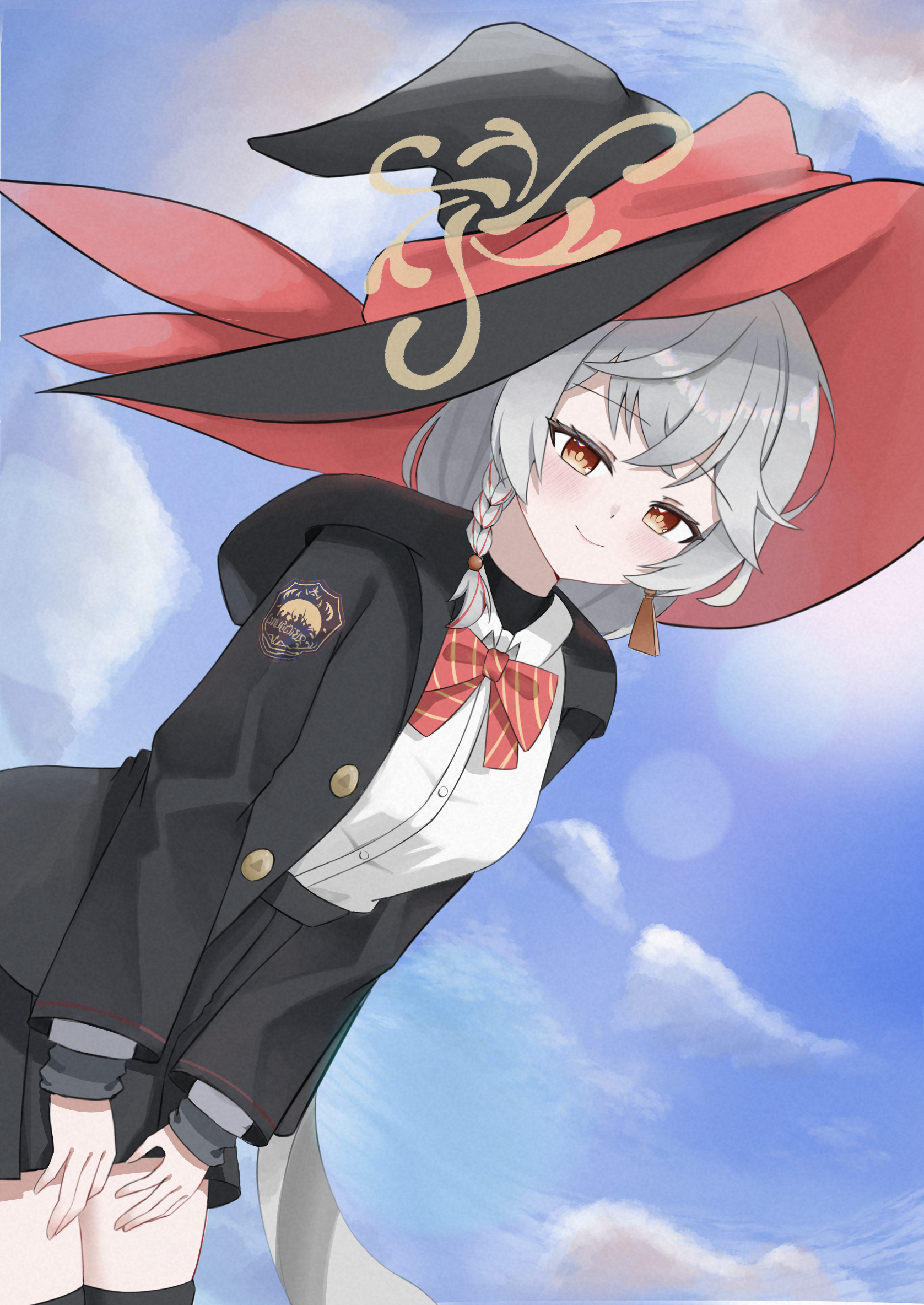 eri (blue archive), blue archive, blush stickers, bomjija, bow, bowtie, braid, cloud, earrings, halo, hat, jacket, jewelry, long coat, long hair, orange eyes, shirt, skirt, sky, sweater, thighs, white hair, witch hat
