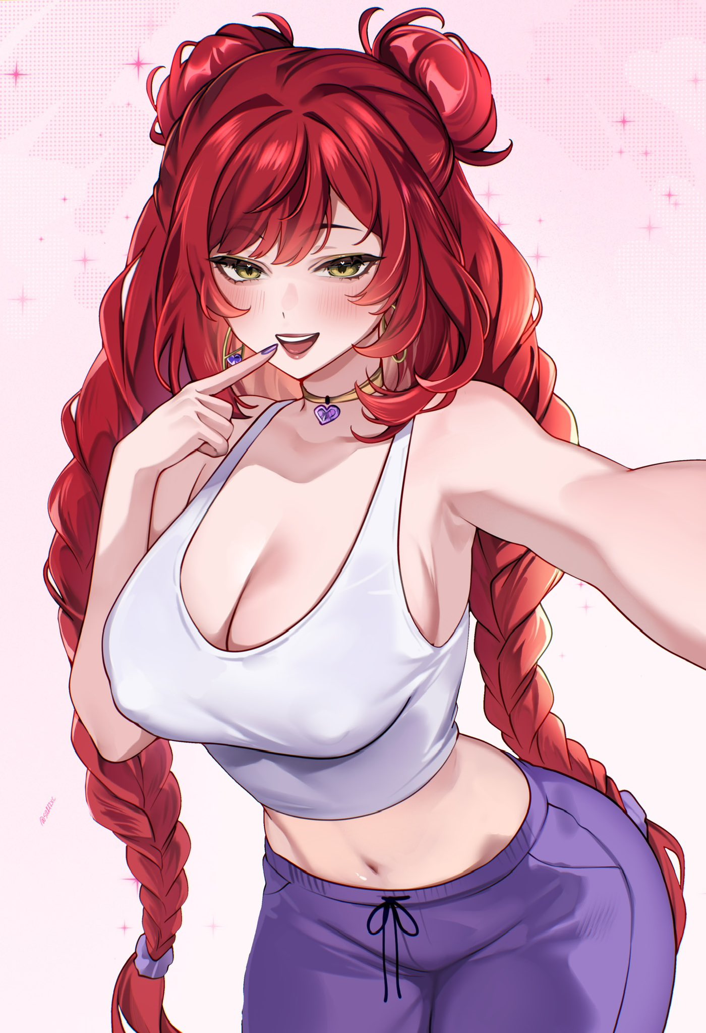 sakichka, elle (vtuber), indie virtual youtuber, highres, 1girl, braid, breasts, cleavage, double bun, earrings, hair bun, heart, hoop earrings, jewelry, lips, long hair, midriff, navel, open mouth, pants, purple nails, purple pants, red hair, selfie, smile, solo, tank top, twin braids, twitter username, virtual youtuber, white tank top, yellow eyes