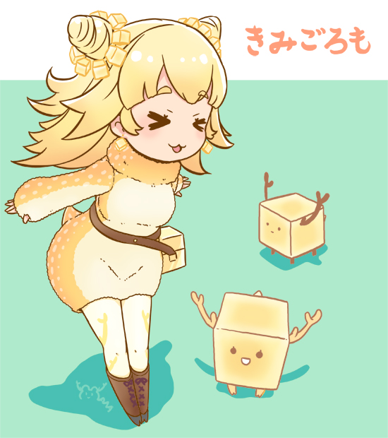 mizuki maya, original, commentary request, > <, 1girl, :3, :d, antlers, blonde hair, boots, breasts, brown boots, character name, double-parted bangs, gradient hair, green background, high heel boots, high heels, horns, kimigoromo, large breasts, leaning forward, long hair, long sleeves, multicolored hair, object and personification, open mouth, orange hair, pantyhose, personification, shadow, sleeves past wrists, smile, standing, thick eyebrows, thumb hole sleeves, white pantyhose, x3, xd