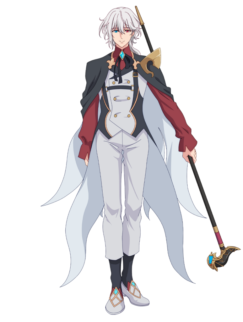 satou youko, official art, 1boy, anime coloring, black cloak, black ribbon, black socks, blue eyes, cloak, closed mouth, collared shirt, dress shoes, eldas miheila, full body, hair between eyes, heterochromia, holding, holding staff, jacket, long hair, long sleeves, looking at viewer, low ponytail, mikata ga yowasugite hojo mahou ni tesshiteita kyuutei mahoushi tsuihou sarete saikyou wo mezashimasu, pants, ponytail, red eyes, red shirt, ribbon, shirt, shoes, simple background, sleeveless, sleeveless jacket, smile, socks, solo, staff, standing, tachi-e, wavy hair, white background, white hair, white jacket, white pants, white shoes
