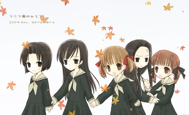 shima yukiwa, fukuzawa yumi, hosokawa kanako, matsudaira touko, mizuno youko, ogasawara sachiko, maria-sama ga miteru, 00s, 5girls, black hair, blunt bangs, brown eyes, brown hair, dress, green dress, holding hands, long hair, long sleeves, looking at viewer, multiple girls, neckerchief, sailor collar, sailor dress, school uniform, serafuku, short hair, simple background, twintails, very long hair, white background, white neckerchief