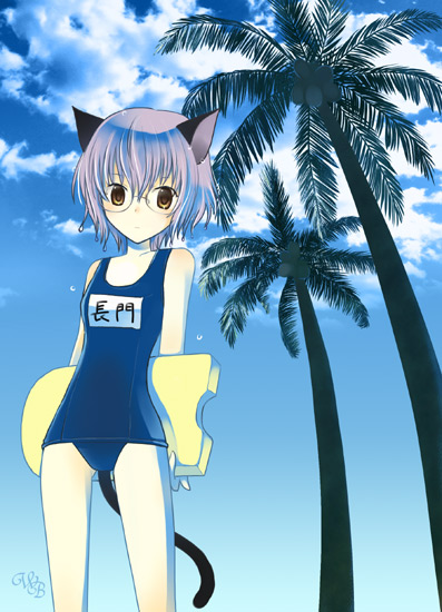 shima yukiwa, nagato yuki, suzumiya haruhi no yuuutsu, 00s, 1girl, animal ears, day, female focus, glasses, name tag, one-piece swimsuit, school swimsuit, short hair, sky, solo, swimsuit, tail