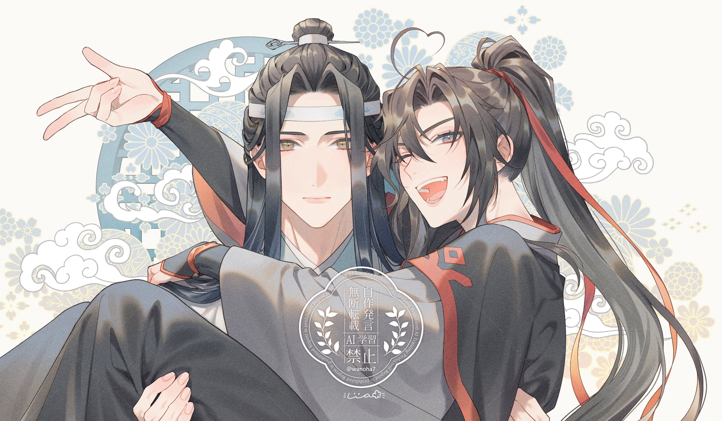 lan wangji, wei wuxian, modao zushi, highres, 2boys, ahoge, bishounen, black hair, black hanfu, carrying, chinese clothes, closed mouth, hair ribbon, hanfu, headband, holding, long hair, long sleeves, looking at viewer, male focus, multiple boys, ponytail, princess carry, red ribbon, ribbon, robe, sidelocks, smile, topknot, wanoha7, white hanfu, white headband, wide sleeves